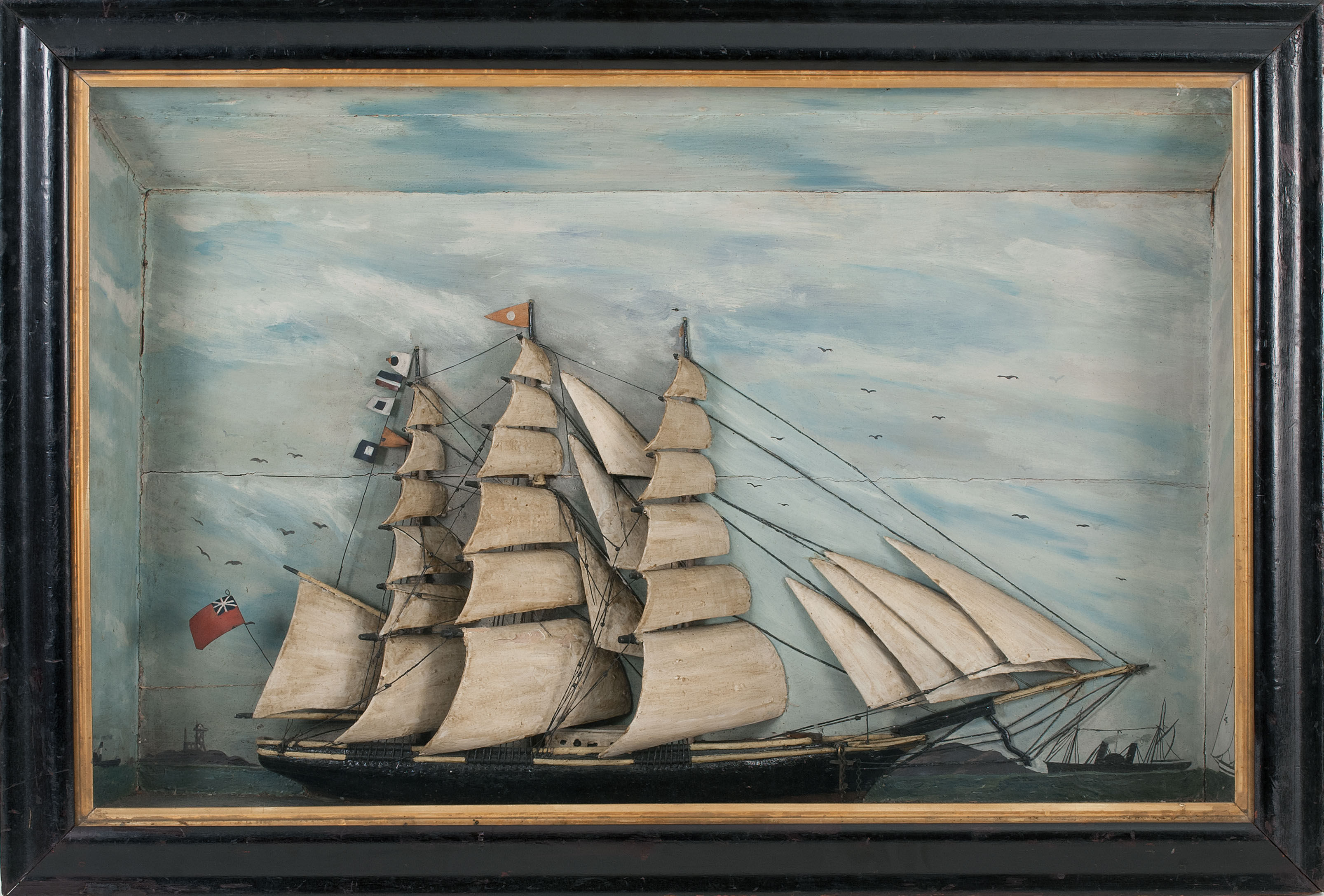 Appraisal: SHADOW BOX DIORAMA th CenturyDepicts a three-masted ship flying the