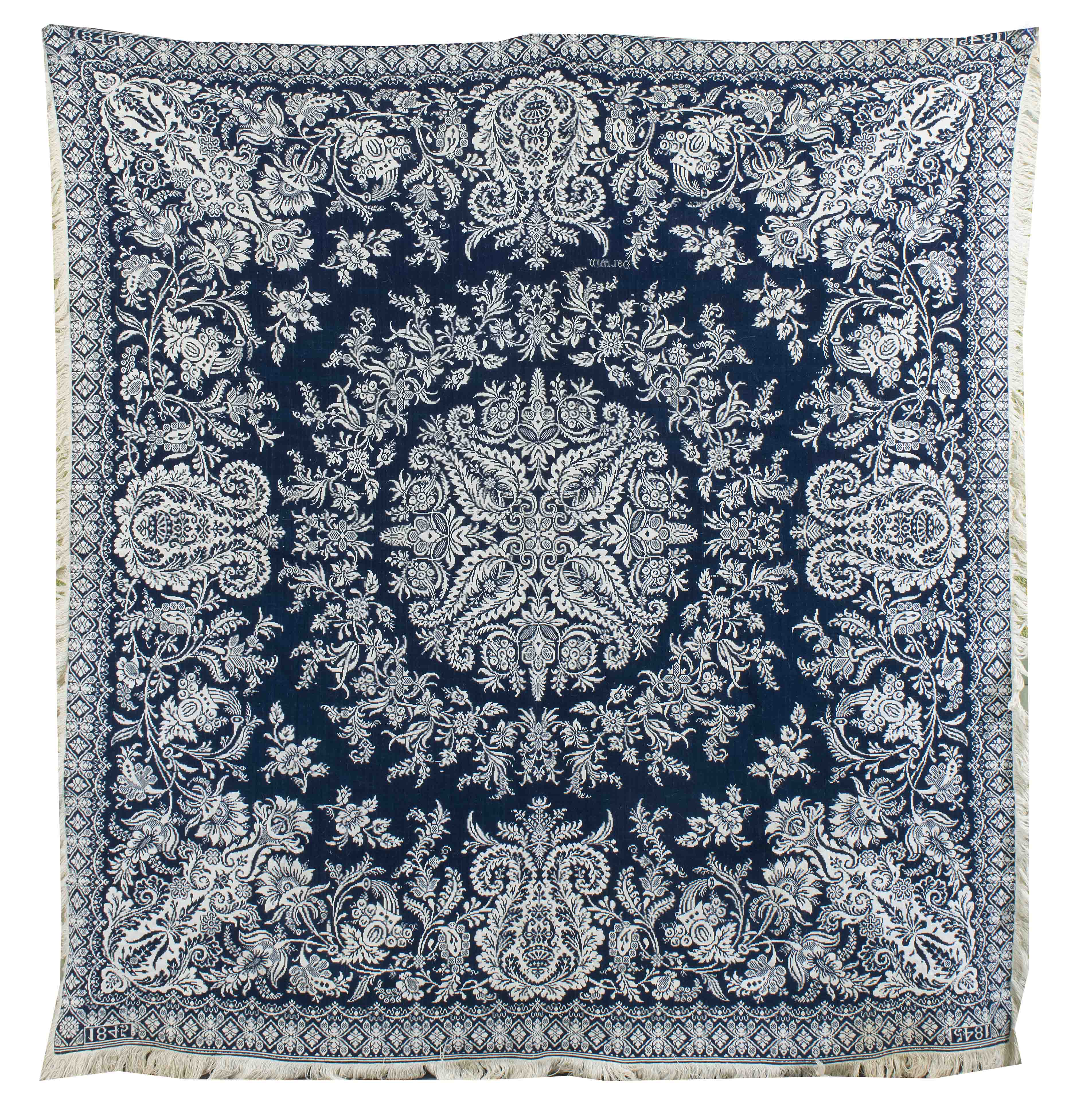 Appraisal: DARK BLUE AND WHITE COTTON OVERSHOT COVERLET In an overall