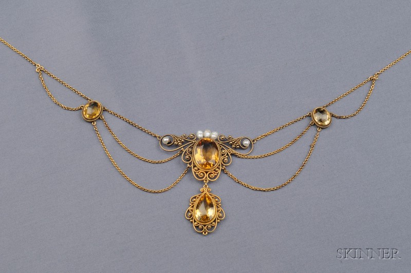 Appraisal: Antique kt Gold Citrine and Freshwater Pearl Festoon Necklace set