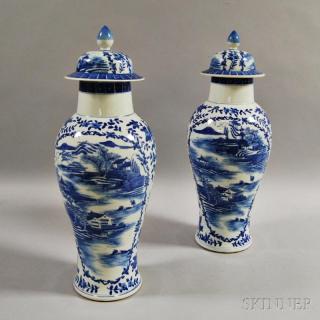 Appraisal: Pair of Blue and White Ceramic Baluster-form Covered Vases China