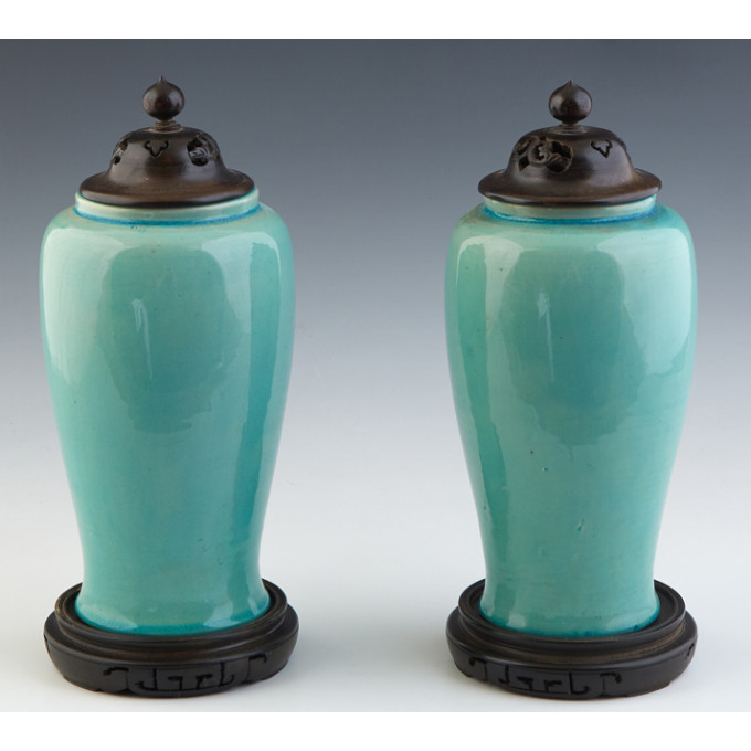 Appraisal: Pair of Chinese Teal Glazed Baluster Urns late th c