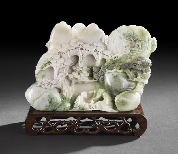 Appraisal: Intricate Chinese Carved Jadeite Mountain the mottled green and white