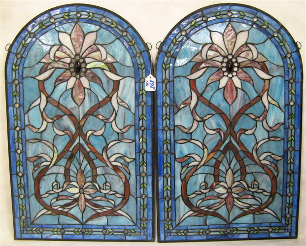 Appraisal: PAIR DOME TOP STAINED AND LEADED GLASS WINDOW PANELS White