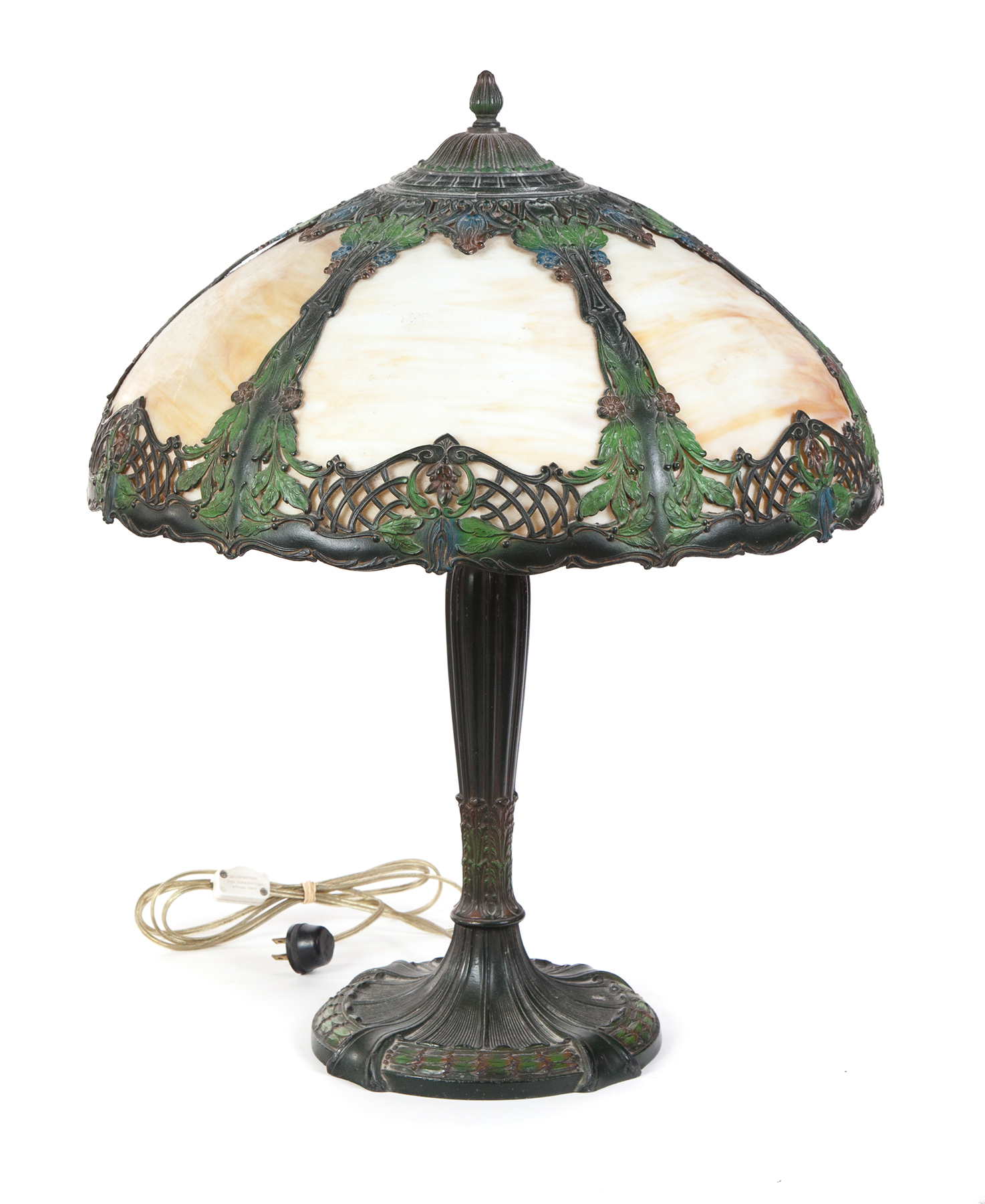 Appraisal: ROYAL ART GLASS COMPANY SIX-PANE CARAMEL SLAG GLASS LAMP American