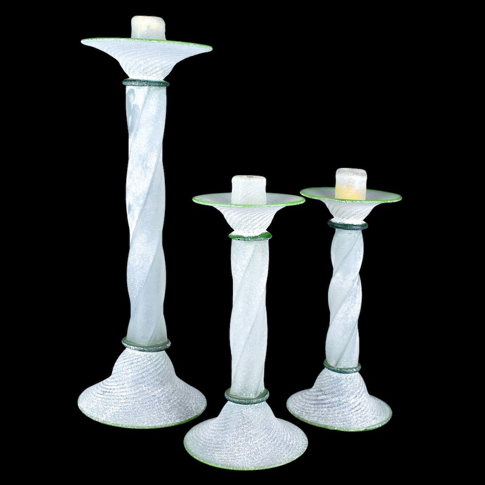 Appraisal: Three Murano Italian Scavo Glass Candlesticks Set of Three Murano