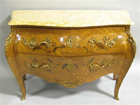 Appraisal: LOUIS XV STYLE MARQUETRY BOW FRONT CHEST The marble top