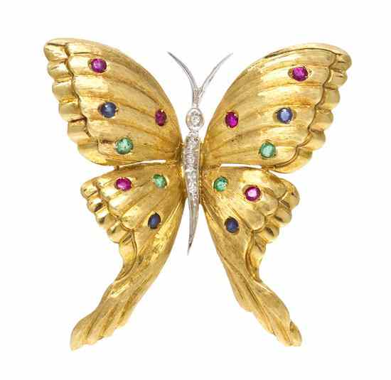 Appraisal: An Karat Gold Sapphire Ruby and Emerald Butterfly Brooch in