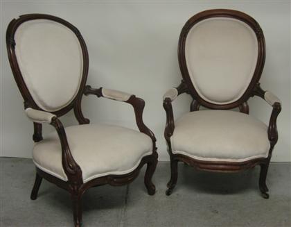 Appraisal: Pair of Victorian arm chairs H in Restoration to right