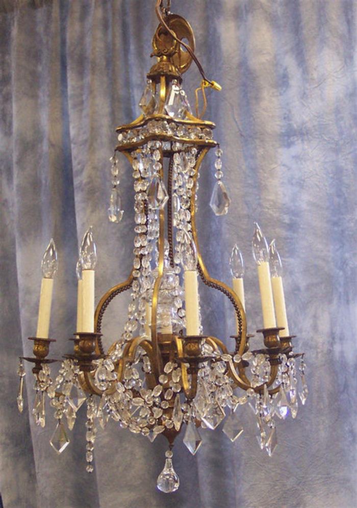 Appraisal: arm gilt brass and crystal chandelier center light h d