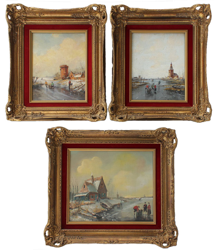 Appraisal: ILLEGIBLY SIGNED DUTCH WINTER CANAL PAINTINGS Oil Wood Panel measure