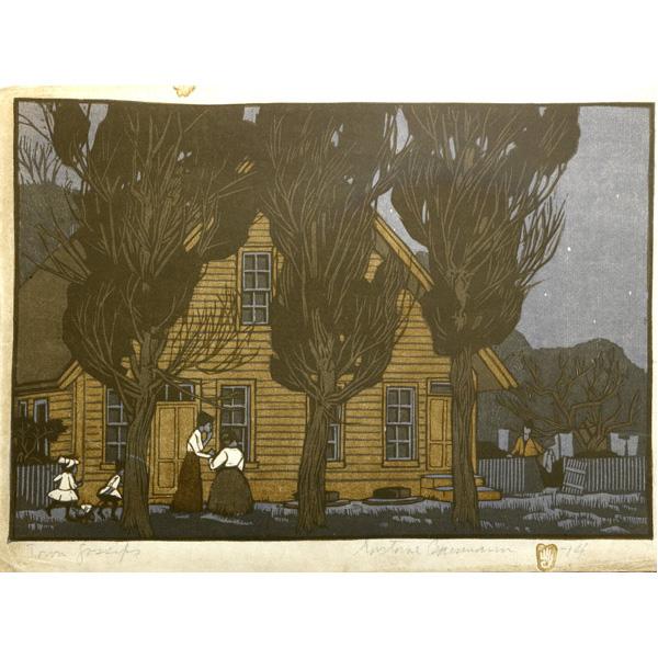 Appraisal: GUSTAVE BAUMANN American - Color woodblock print Town Gossips Signed