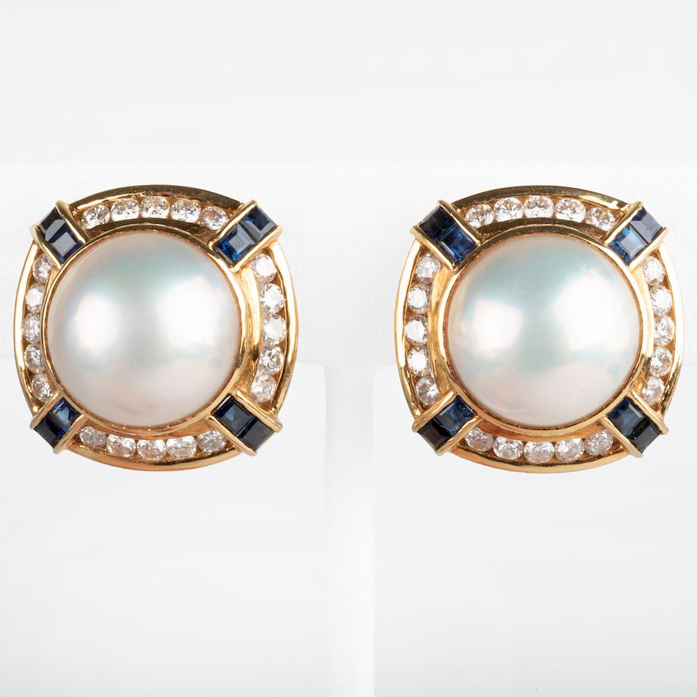 Appraisal: Pair of Tiffany Co Mobe Pearl Diamond and Sapphire Ear