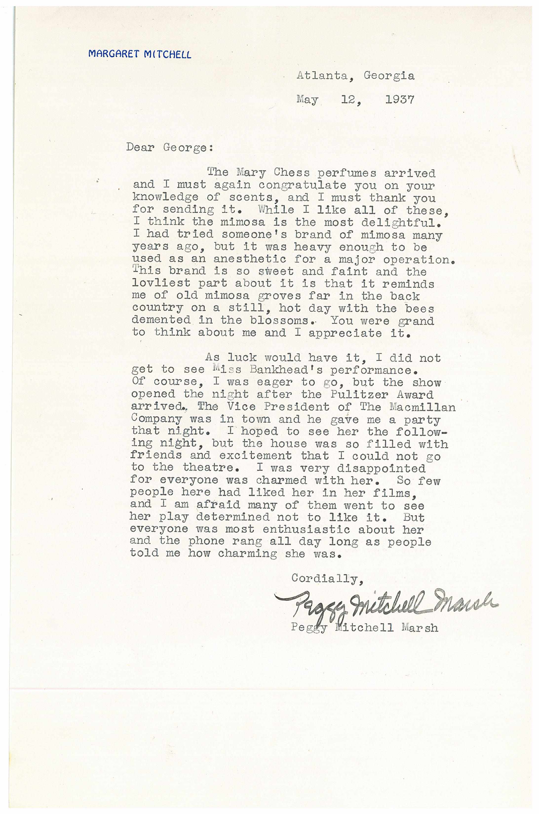 Appraisal: MITCHELL MARGARET MITCHELL COMMENTS ON TALLULAH BANKHEAD Typed Letter Signed