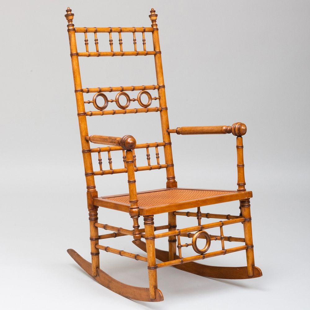 Appraisal: Faux Bamboo and Caned Rocking Chair Attributed to R J