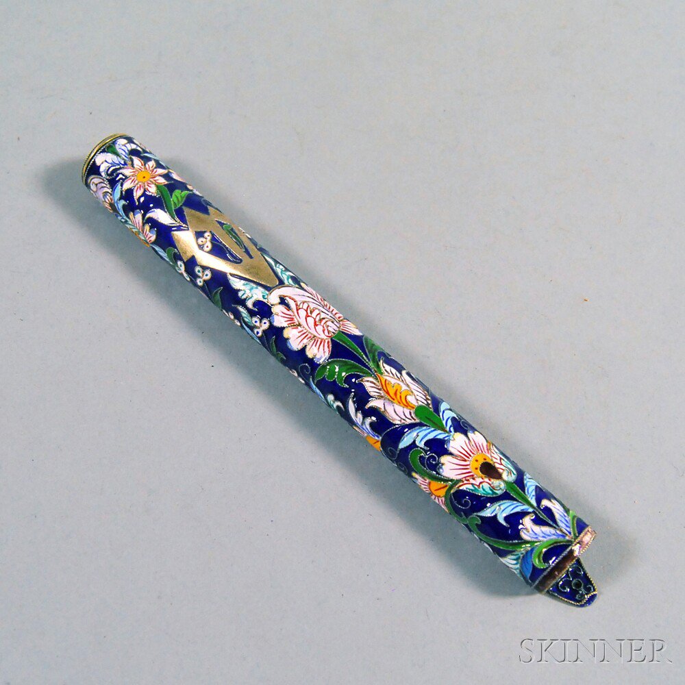 Appraisal: Russian-style Silver and Champleve Enamel Mezuzah modern with scrolling floral