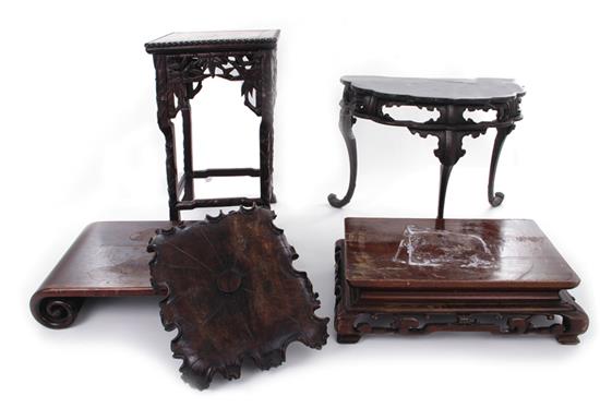 Appraisal: Asian wood stands and pedestals demilune H W marble top