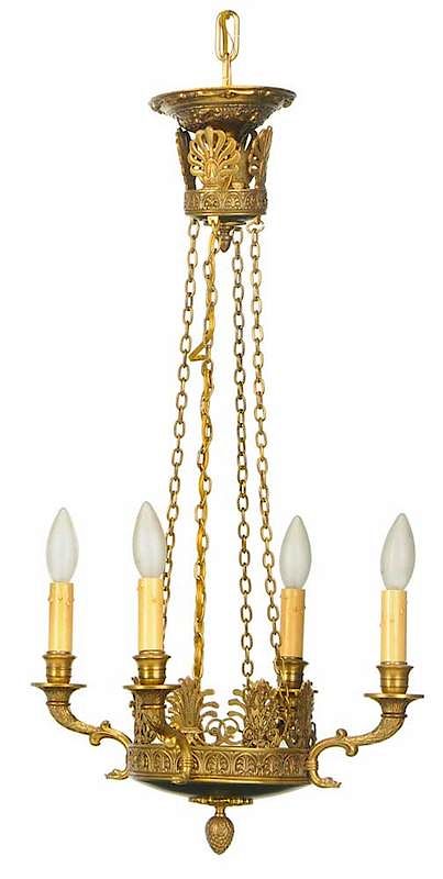 Appraisal: Diminutive Empire Style Bronze Hanging Fixture th century parcel gilt