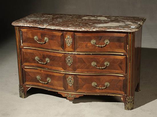 Appraisal: Louis XV-XVI Ormolu and Brass Mounted Parquetry Kingwood Serpentine Marble-Top