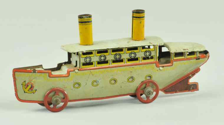 Appraisal: OCEAN LINER PENNY TOY Lithographed tin features two yellow stacks