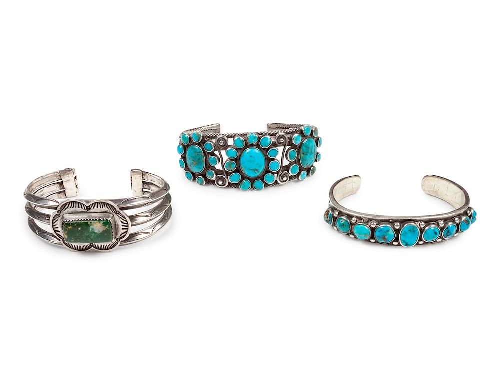 Appraisal: Three Navajo Silver and Turquoise Cuff Bracelets Three Navajo Silver