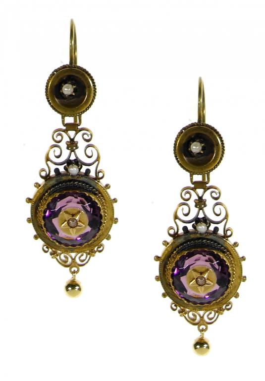 Appraisal: A PAIR OF VICTORIAN AMETHYST SEED PEARL AND GOLD EARRINGS