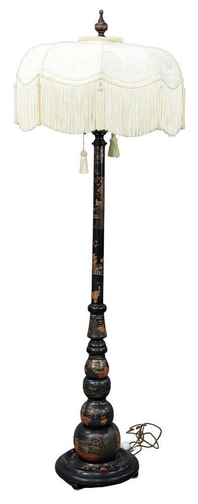 Appraisal: Chinoiserie Black Lacquered Floor Lamp having figural and pagoda motif