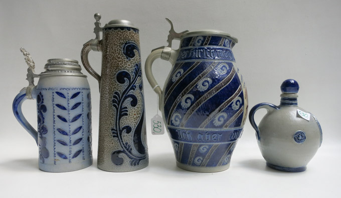 Appraisal: FOUR GERMAN SALT GLAZED VESSELS two-liter stein by Reinhold Merkelbach