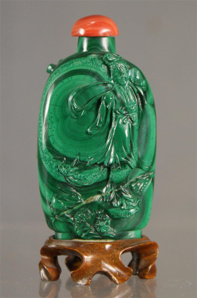 Appraisal: carved malachite snuff bottle figural and floral design broken in