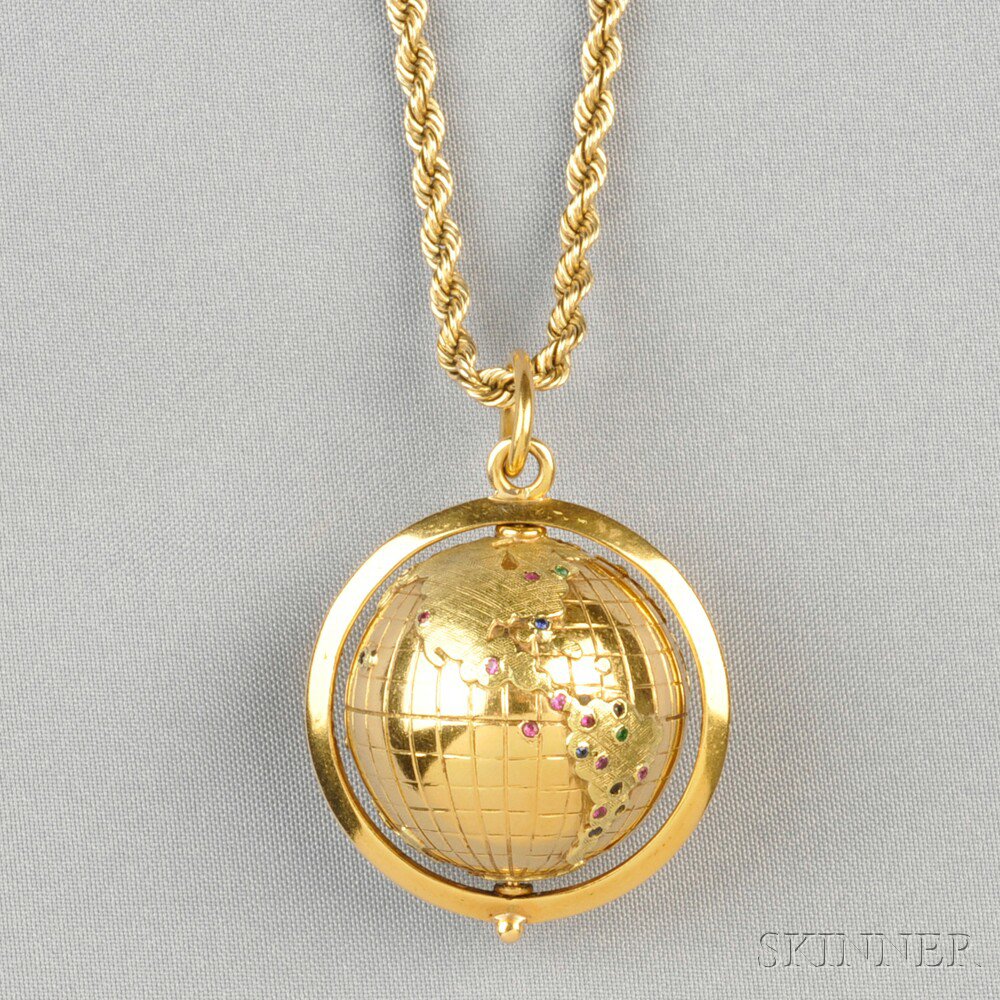 Appraisal: kt Gold Gem-set Globe Pendant designed as a revolving globe