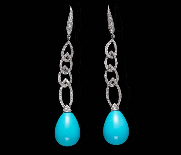 Appraisal: A pair of turquoise and diamond earrings mounted in eighteen