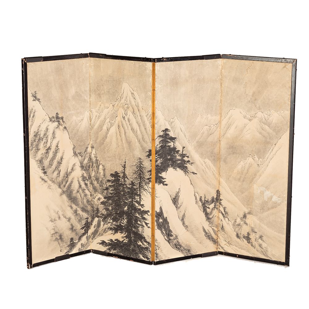 Appraisal: Chinese Four Panel Folding Screen th century mountainous landscape scene