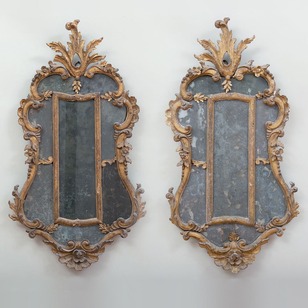 Appraisal: Pair of Italian Rococo Giltwood Girandole Mirrors Each of cartouche-shape