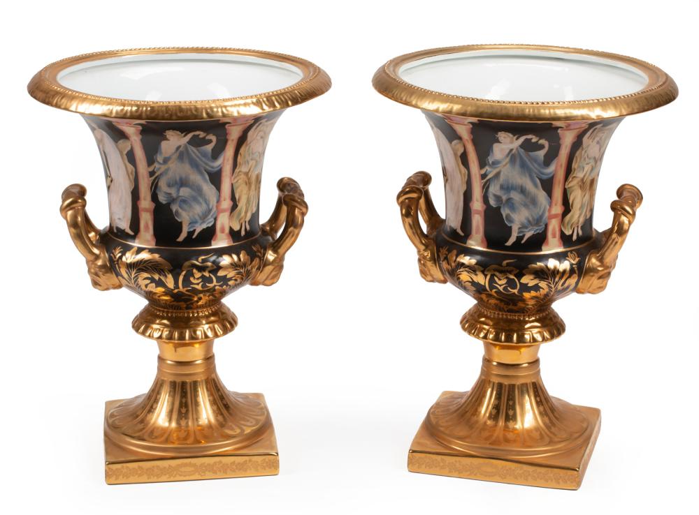 Appraisal: Pair of Sevres-Style Polychrome and Gilt Porcelain Urns marked black