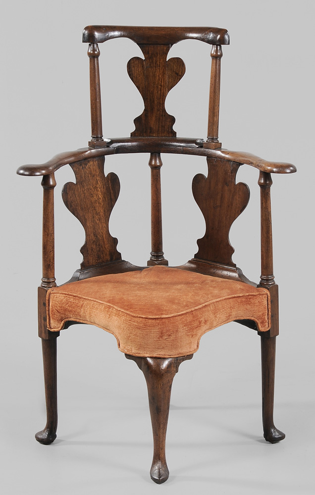 Appraisal: Queen Anne Walnut Corner Chair British th century walnut and