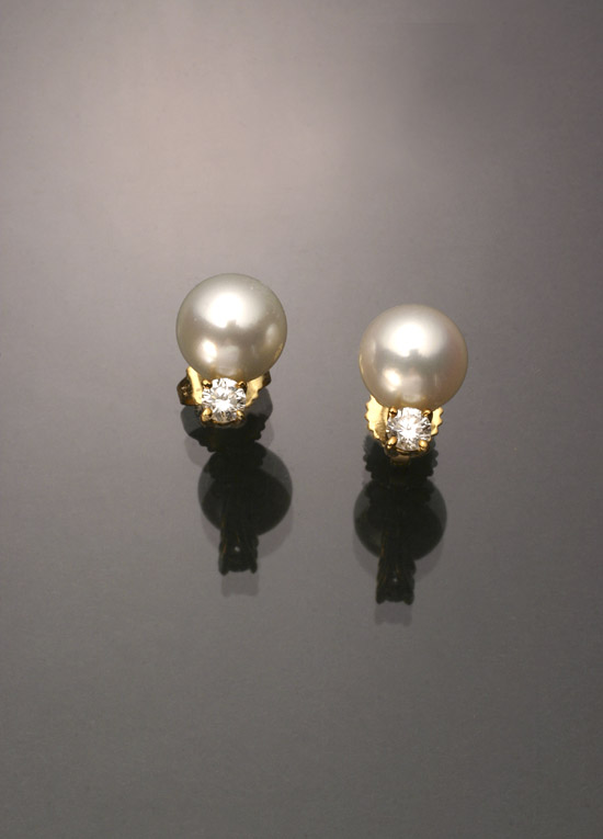 Appraisal: Pair of -Karat Yellow-Gold Cultured Pearl and Diamond Ear Studs