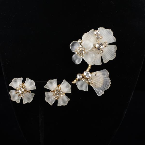 Appraisal: Miriam Haskell pc Frosted Glass Rhinestone Flower Brooch Pin Clip