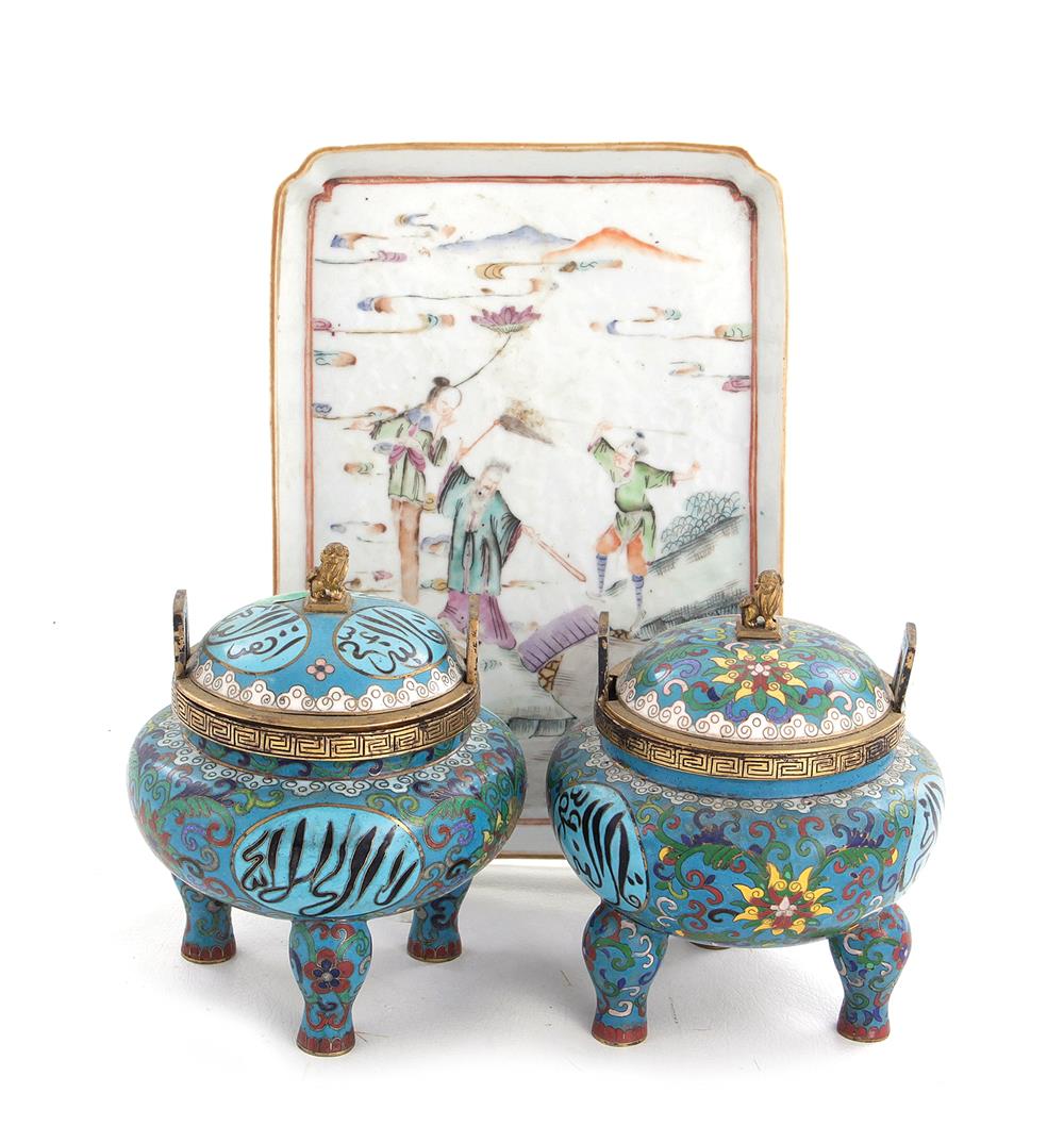 Appraisal: Near pair Chinese cloisonne covered urns together with Chinese porcelain