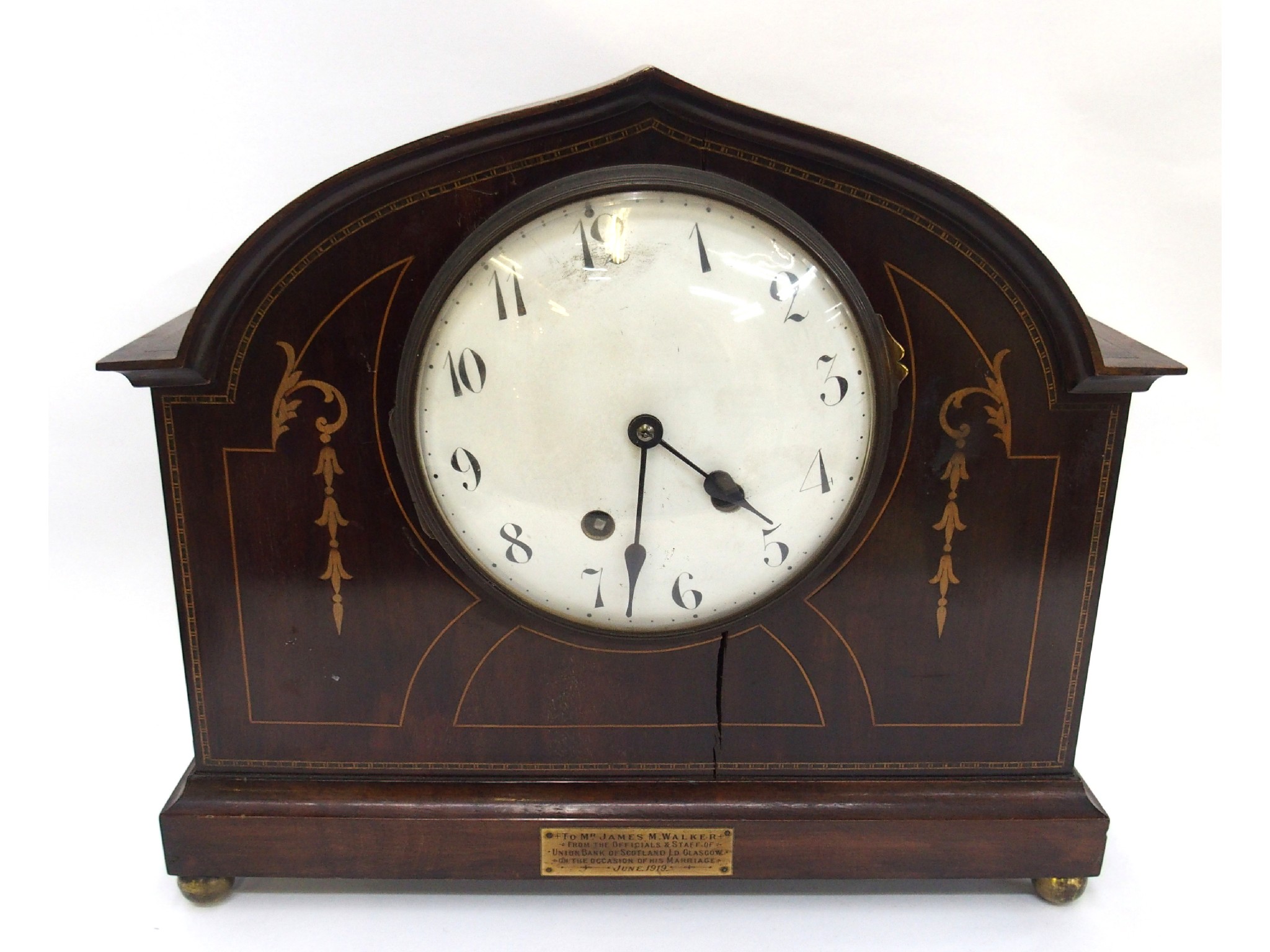 Appraisal: Edwardian mahogany and fruitwood inlaid mantle clock