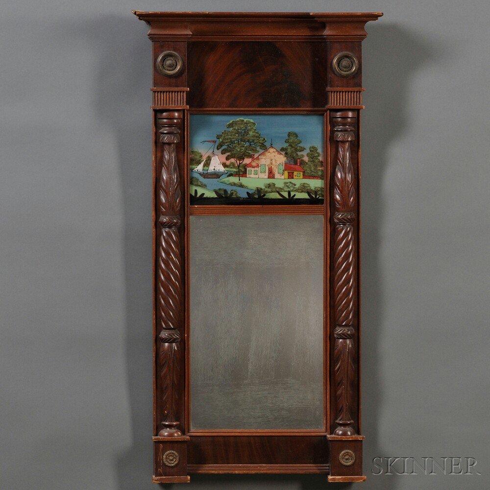 Appraisal: Classical Mahogany Carved and Eglomise Looking Glass probably Massachusetts c