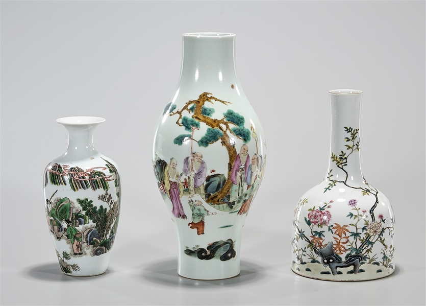 Appraisal: Three Chinese enameled porcelain vases floral and landscape motifs x