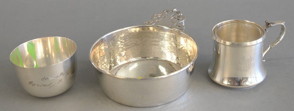 Appraisal: Three piece silver group to include hand hammered porringer marked