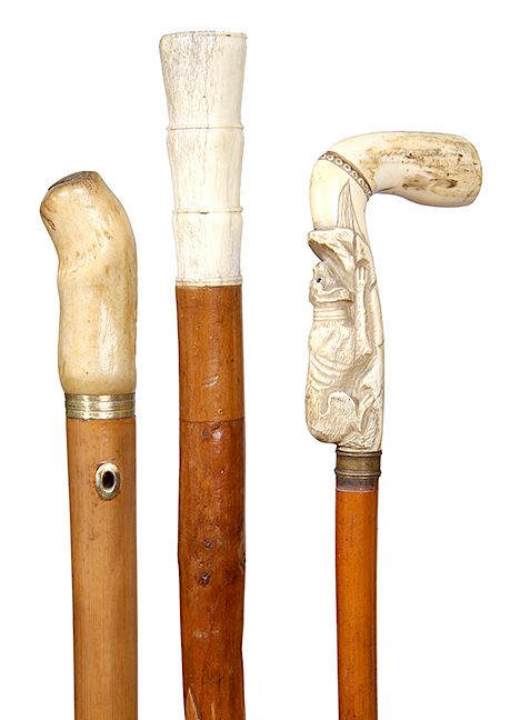 Appraisal: Group of Three Bone and Stag Canes- An L-handle bone