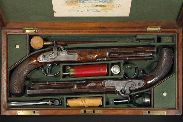 Appraisal: A fine cased pair of English percussion duelling pistols by