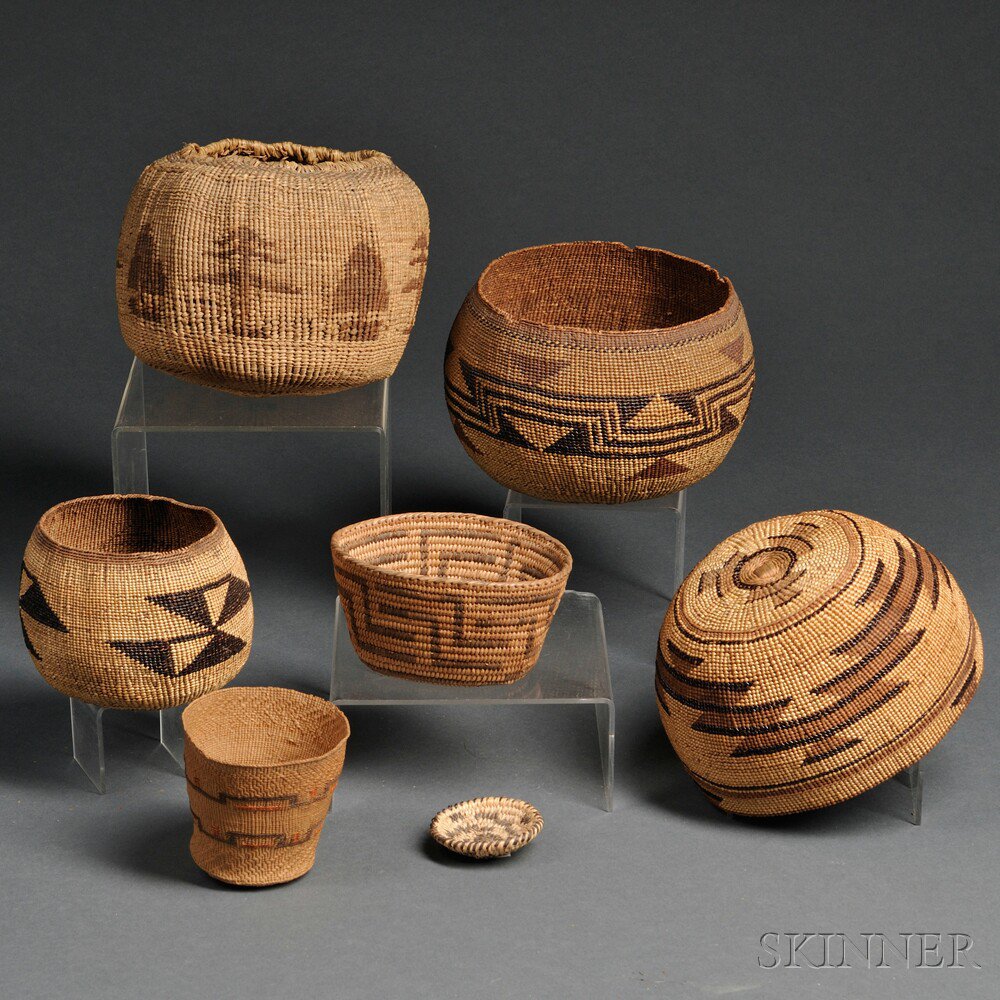 Appraisal: Seven Western Baskets four North California twined baskets a Tlingit