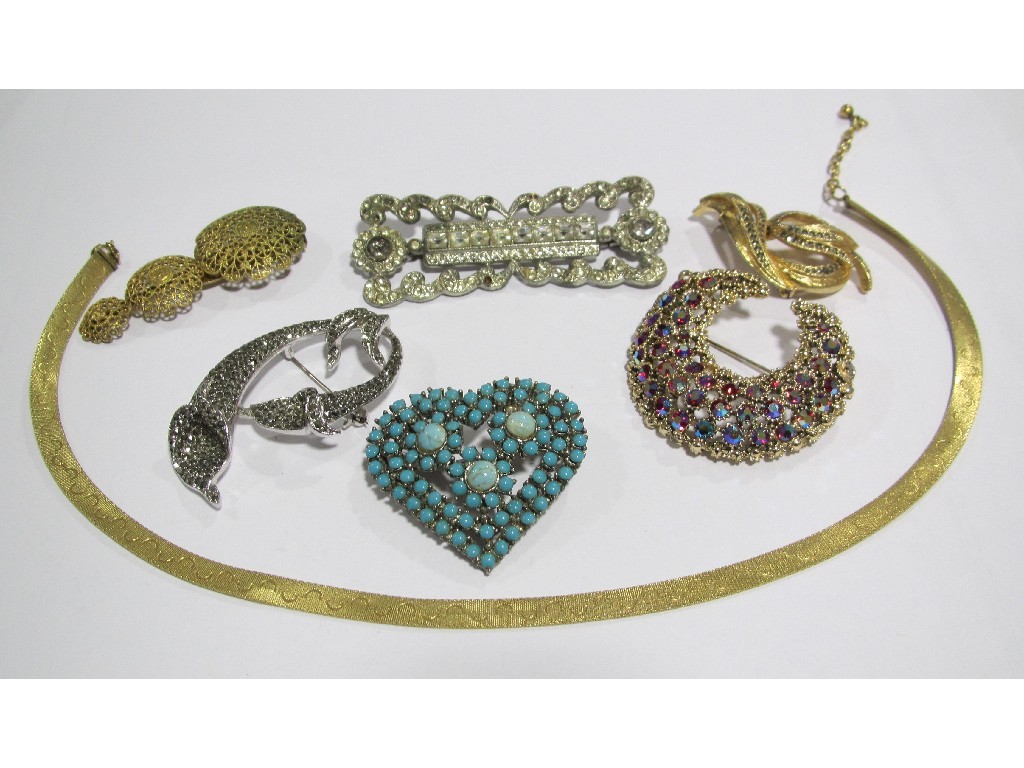 Appraisal: Lot comprising gilt metal necklace and six costume brooches