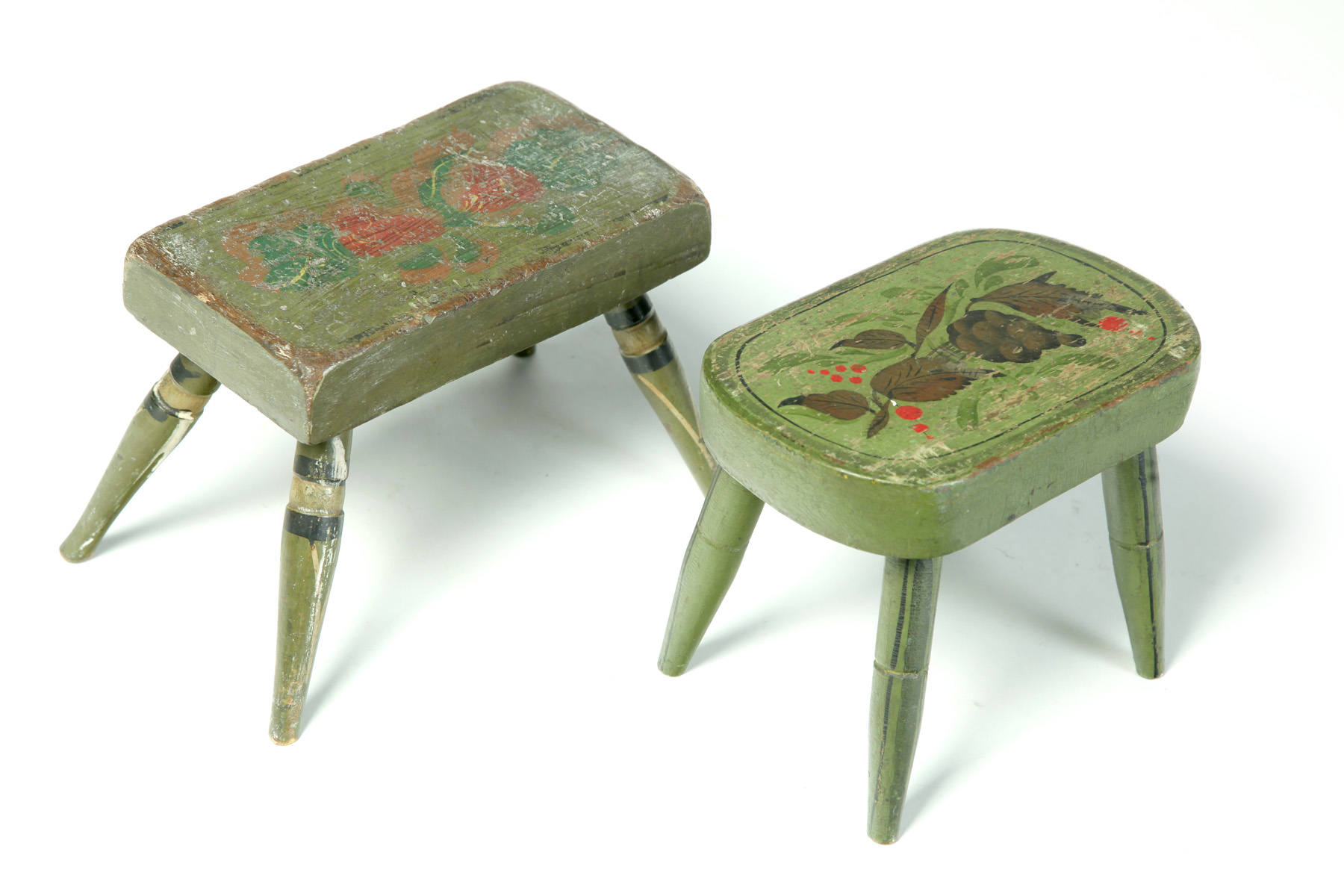 Appraisal: TWO SMALL PAINTED STOOLS American nd half- th century Green