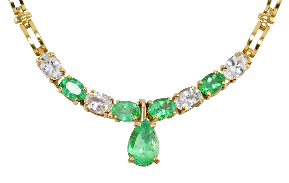 Appraisal: K EMERALD AND SAPPHIRE NECKLACE WITH EMERALD ENHANCER PENDANT One