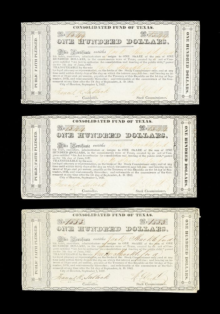 Appraisal: THREE REPUBLIC OF TEXAS CONSOLIDATED FUND OF TEXAS CERTIFICATES ISSUED