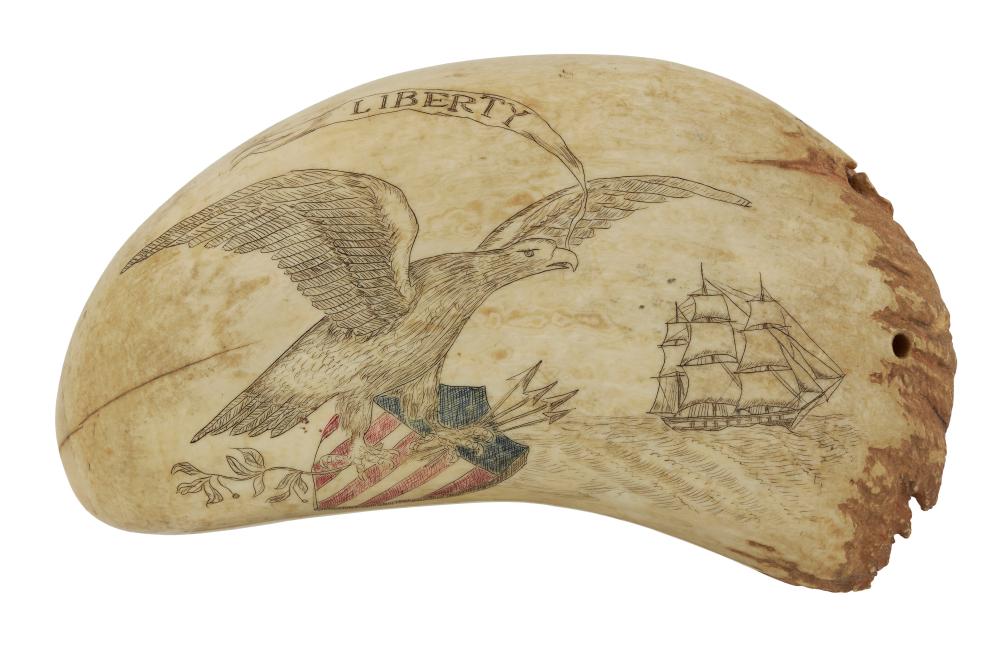 Appraisal: POLYCHROME SCRIMSHAW WHALE S TOOTH WITH AMERICANA MOTIFS LATE TH