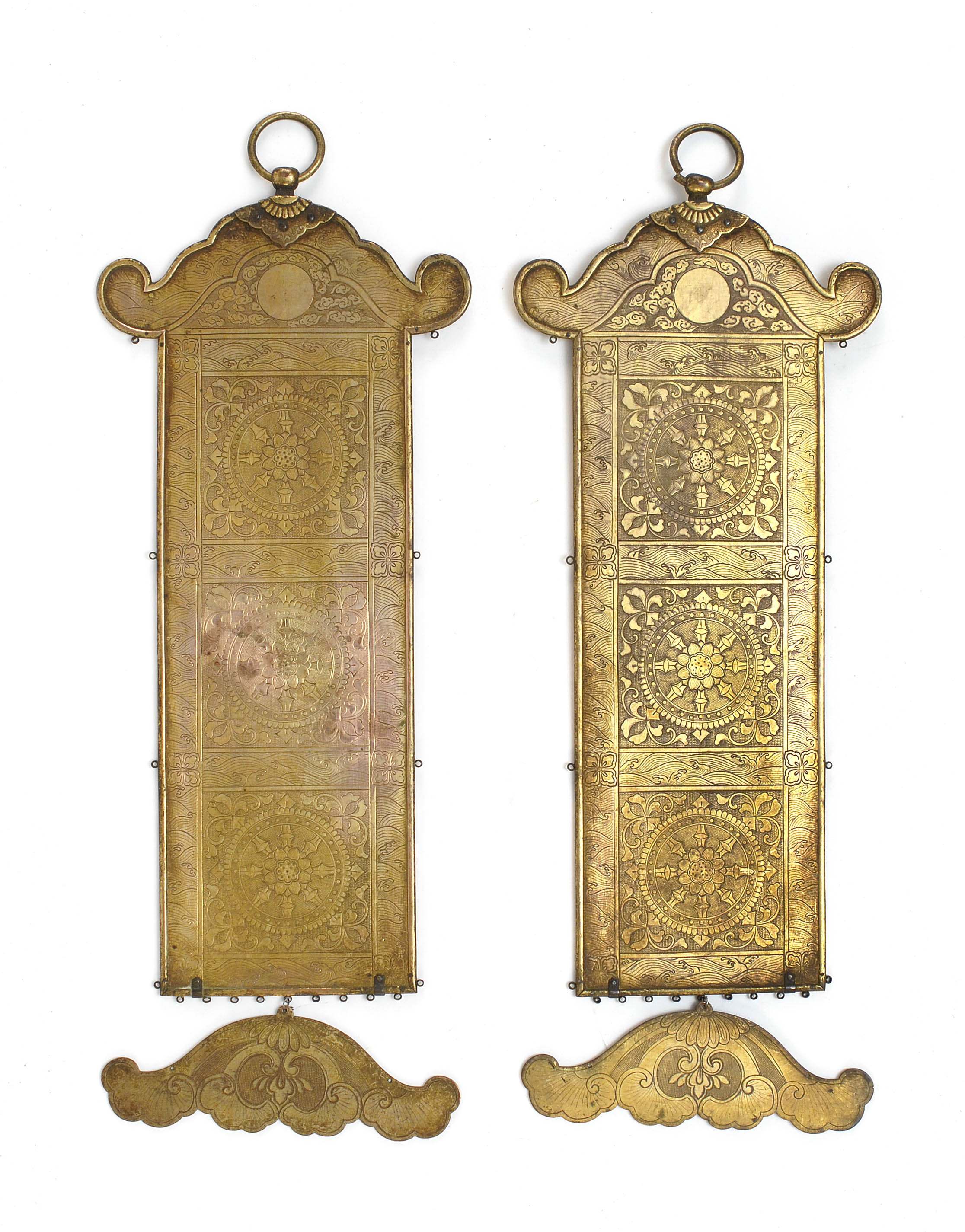 Appraisal: PAIR OF BRASS TEMPLE ORNAMENTS KEMAN th CenturyIn temple form